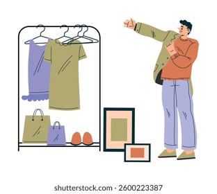 Weekend Market with Man Character Buy Clothing Vector Illustration