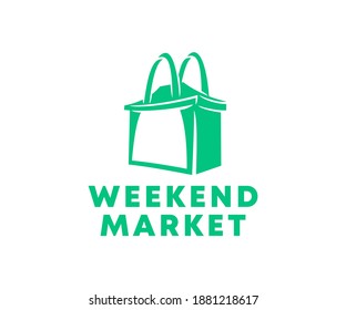 Weekend market, shopping, bag and tent, logo design. Purchases, buyings, retail, shopping bag or handbag, vector design and illustration