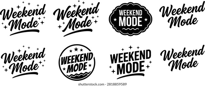 Weekend Mode typography logo design, decorative stars and waves, bold lettering, leisure branding concept, casual lifestyle flat vector illustration