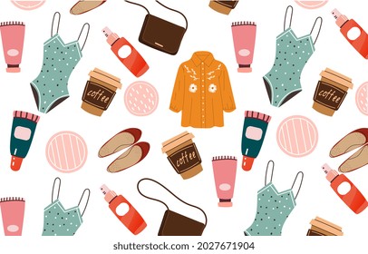 Weekend mood concept. Seamless pattern for printing on paper or fabric. Colorful print for postcards, textiles, posters and wallpapers. Cartoon flat vector illustration isolated on white background
