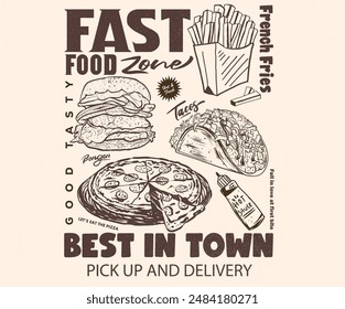 Weekend mood. Fast food design. Barger, pizza, tacos, donut and sauce design for t shirt print, poster, sticker, background and other uses. Crispy and delicious fast food artwork. Restaurant menu set.