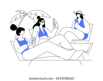 Wochenend-Stimmung isoliert Cartoon Vektor-Illustrationen. Gruppe von lächelnden Mädchen sonnen und trinken Cocktails am Strand, Sommerwochenende, Entspannungs-Stimmung, Spaß mit Freunden Vektor-Cartoon.