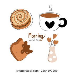 weekend morning happy;  morning  coffee, Vector doodle set illustration. 