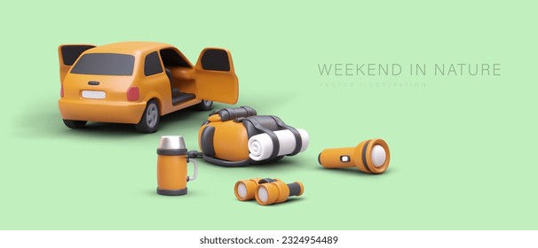 Weekend in nature. Bright banner on green background. 3D car, backpack, thermos, flashlight, binoculars. Tourist equipment. Promotional poster in positive style for web design