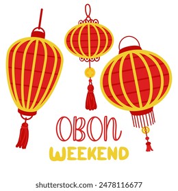 Weekend OBON. Japanese lantern festival Obon on white. A traditional summer festival. Day of the Dead in Japan from August 13-15. Lanterns with the inscription day. Square banner. Relatives weekend