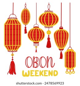 Fin de semana OBON. Festival de linternas japonesas Obon en blanco. Un festival de verano tradicional. Día de Muertos en Japón del 13 al 15 de agosto. Linternas que cuelgan mucho con la inscripción de los colores rojo y amarillo del día