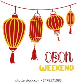 Weekend OBON. Japanese lantern festival Obon on white. A traditional summer festival. Day of the Dead in Japan from August 13-15. Lanterns red yellow with the inscription day. Relatives weekend bright