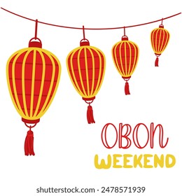 Weekend OBON. Japanese lantern festival Obon on white. A traditional summer festival. Day of the Dead in Japan from August 13-15. Lanterns red yellow they hang a lot in a row with the inscription day