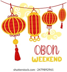 Weekend OBON. Japanese lantern festival Obon on white. A traditional summer festival. Day of the Dead in Japan from August 13-15. Lanterns red yellow with the inscription day. Relatives weekend clouds