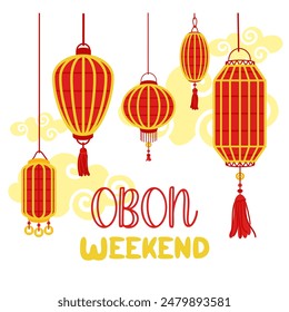 Weekend OBON. Japanese lantern festival Obon on white. A traditional summer festival. Day of the Dead in Japan from August 13-15. Lanterns they hang a lot with the inscription red yellow colors. cloud