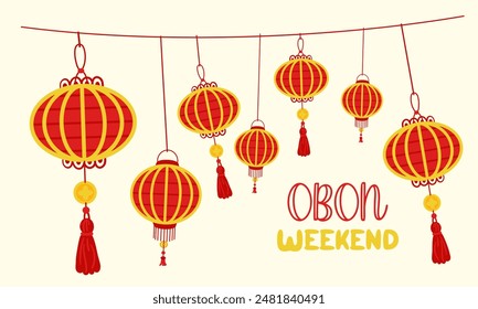 Weekend OBON. Japanese lantern festival Obon on white. A traditional summer festival. Day of the Dead in Japan from August 13-15. Lanterns red yellow round with the inscription Relatives day