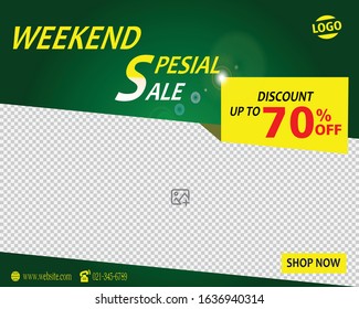 Weekend Offer Sale Banner Template. Discount Up to 70%. Vector Template Poster Sale Promotion