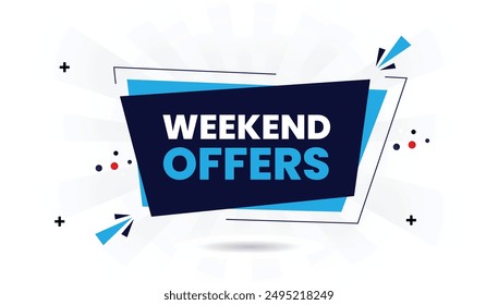 Weekend ofrece diseño de Plantilla de Anuncio con fondo blanco y Formas de Vector azul oscuro y azul celeste claro, perfecto para atraer la atención y aumentar la oferta de ventas, Anuncio, venta, descuento, anuncio