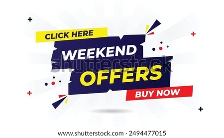 Weekend Offers Click Here Buy Now banner template with white background, dark black, shiny red, and light yellow shapes ideal for promotions and sales offer, weekend, illustration, buy, web, vector