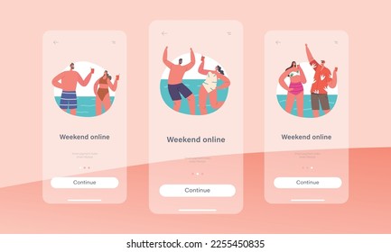 Weekend Online Mobile App Page Onboard Screen Template. Young Family Couple Characters Drinking Cocktail and Having Fun near Sea. Vacation on Beach Concept. Cartoon People Vector Illustration