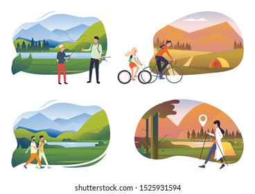 Weekend outdoors illustration set. People enjoying fishing, riding bikes, Nordic walking, hiking. Activity concept. Vector illustration for posters, banners, flyers