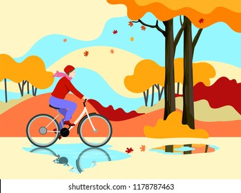 Weekend outdoors in park.Autumn scenery and activity. Cycling autumn.Vector illustration.