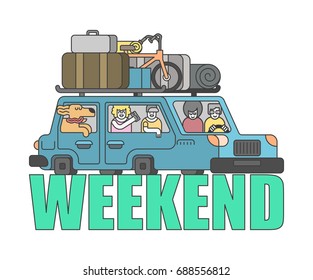 weekend outline style. Car Family go to camping line style. Things to relax. Bicycles and suitcases. Dog from window. Children and parents go in auto. Family holiday