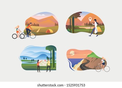 Weekend outside illustration set. People walking, hiking, trekking, riding bike along seaside. Activity concept. Vector illustration for posters, banners, flyers