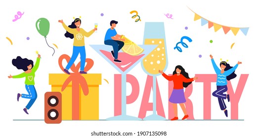 Weekend party flat tiny last work week day persons vector illustration  concept Happy holiday celebration with alcohol drinks, festive mood and cheerful atmosphere Cheers! Employees glad succeed