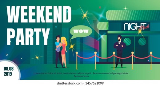 Weekend Party In Nightclub Flat Vector Ad Banner Or Poster. Happy, Young Couple Walking On Night City Street, Bouncer Waiting Clients, Security Meeting Visitors At Nightclub Entrance Illustration