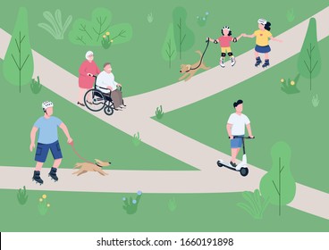 El fin de semana relájese en la ilustración vectorial de color plano del parque. Patinadores, niños con mascotas, niños con motocicleta eléctrica, parejas mayores personajes de dibujos animados 2D con árboles y caminos en segundo plano