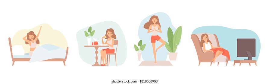 Weekend relax. Stay at home, isolation period. Single woman eat, watch tv doing yoga vector illustration