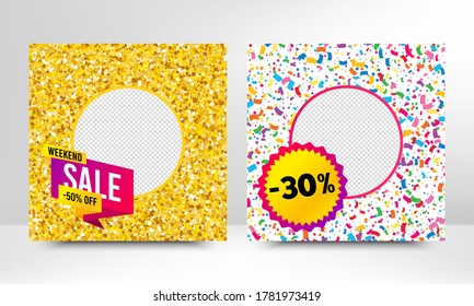 Weekend sale, 30% discounts off. Sale banner with gold glitter, confetti. Discount offer badge. Social media layout banner. Online shopping web template. Promotional flyer design. Vector