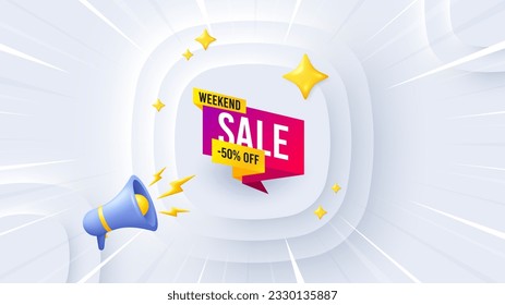 Weekend sale 50 percent off banner. Neumorphic offer 3d banner, poster. Discount sticker shape. Hot offer icon. Weekend sale promo event background. Sunburst banner, flyer or coupon. Vector