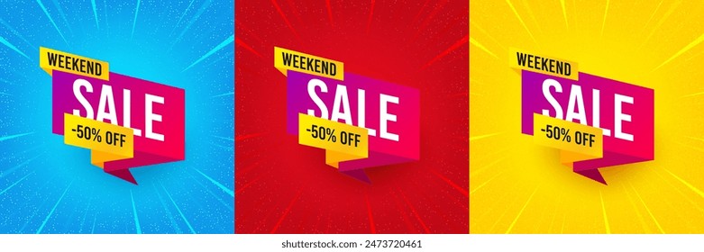 Weekend sale 50 percent off banner. Sunburst offer banner, flyer or poster. Discount sticker shape. Hot offer icon. Weekend sale promo event banner. Starburst pop art coupon. Special deal. Vector