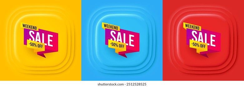 Weekend sale 50 percent off banner. Neumorphic offer banner, flyer or poster. Discount sticker shape. Hot offer icon. Weekend sale promo event banner. 3d square buttons. Special deal coupon. Vector