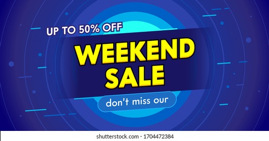 Weekend Sale Advertising Banner with Typography. Blue Background with Radial Circles. Design for Shopping Discount. Social Media Promo Content Ad, Poster, Flyer, Card Template. Vector Illustration