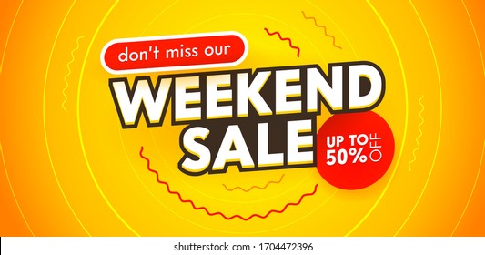 Weekend Sale Banner for Digital Social Media Marketing Advertising. New Offer and Shopping Discount. Social Media Trendy Template for Ad Poster, Promo Flyer in Funky Memphis Style. Vector Illustration