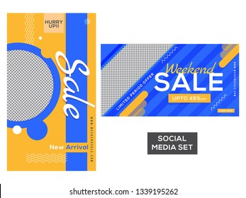 Weekend Sale banner or poster set with discount offer and space for your product image.