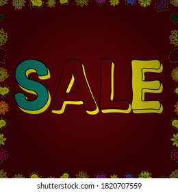Weekend Sale Banner Template. Lettering. Vector illustration. Picture in yellow, red and blue colors. Seamless pattern.