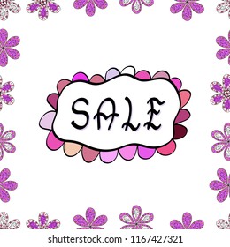 Weekend Sale Banner Template. Vector illustration. Seamless pattern. Picture in white, pink and black colors. Lettering.