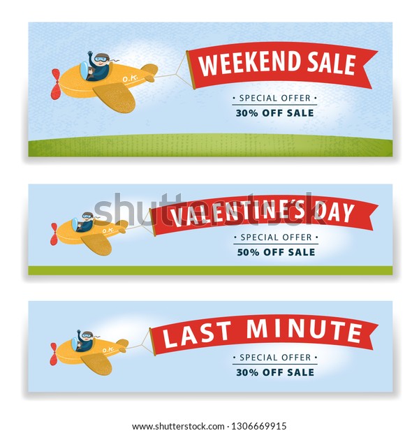 Weekend sale business banner\
displaying cartoon plane carring ribbon. Perfect for last minute\
discounts, black friday and else. Header banner\
dimensions.