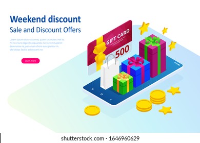 Weekend Sale and Discount Offers. Online shopping. Seasonal Sale with Discount Coupons. Isometric Smart phone online shopping concept. Online store, shopping cart icon.