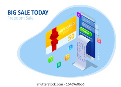 Weekend Sale and Discount Offers. Online shopping. Seasonal Sale with Discount Coupons. Isometric Smart phone online shopping concept. Online store, shopping cart icon.