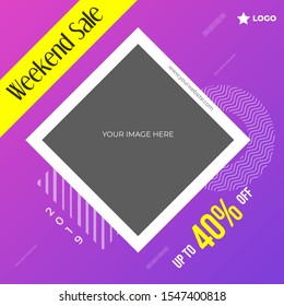 Weekend sale post with Memphis shape and gradient background social media template to promote your brand and advertise on different social media channels.
