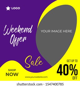Weekend sale post with violet background social media template to promote your brand and advertise on different social media channels.Show sale, offers and discount with these creative designs
