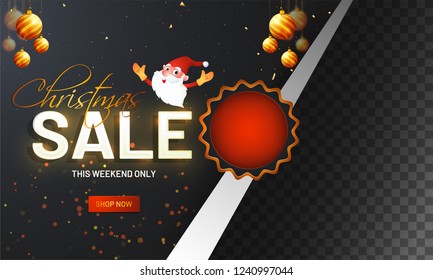 Weekend sale poster decorated with golden baubles and space given for your image. Merry Christmas template design.