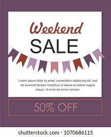 Weekend sale purple banner with flags Vector illustration