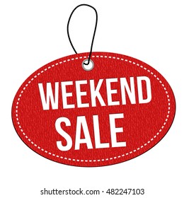 Weekend sale red leather label or price tag on white background, vector illustration