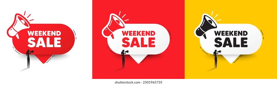 Weekend Sale tag. Speech bubble with megaphone and woman silhouette. Special offer price sign. Advertising Discounts symbol. Weekend sale chat speech message. Woman with megaphone. Vector