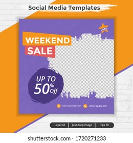 Weekend sale template post for social media ads. Web banner for promotion.