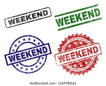 WEEKEND seal prints with corroded texture. Black, green,red,blue vector rubber prints of WEEKEND title with corroded texture. Rubber seals with round, rectangle, rosette shapes.