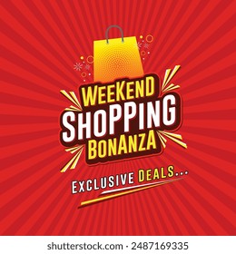 Fin de semana de compras Bonanza Logo Design. Publicidad, Retail, Textiles, Ropa, Marketing, Promocional. Compras en línea, Vector de la unidad del logotipo del comercio electrónico.