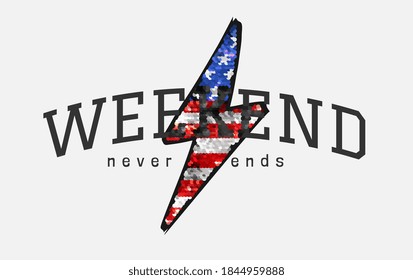 weekend slogan with American flag glitter sequins in thunderbolt shape for fashion print
