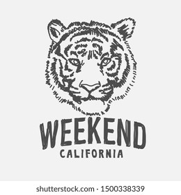 weekend slogan with tiger hand drawn illustration